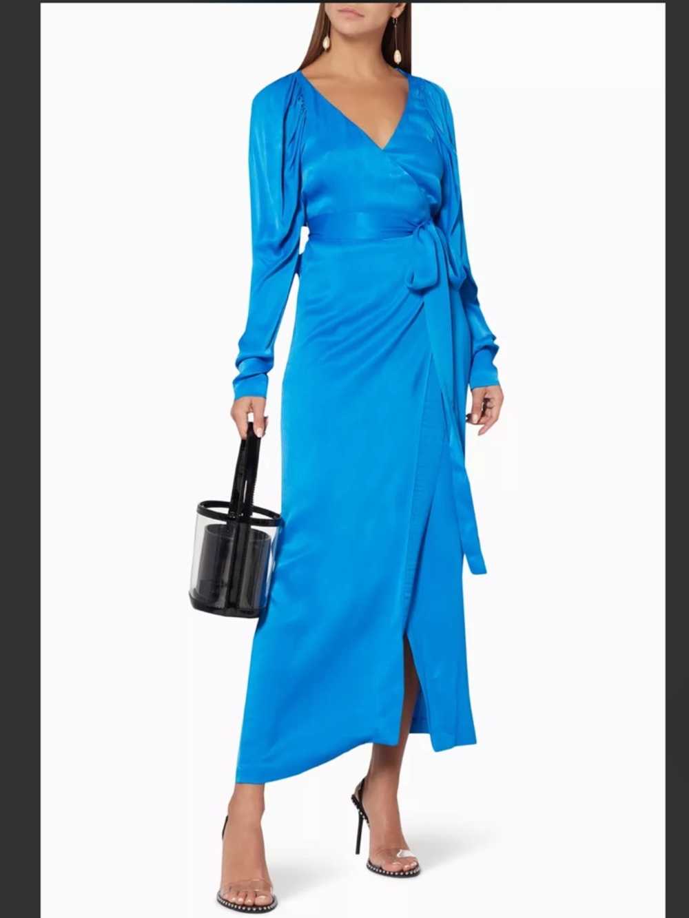 Satin Blue Wrap Maxi Dress with Side Tie